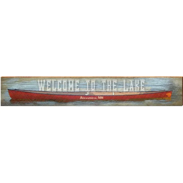 Welcome to the Lake Alexandria, MN Red Canoe | Wall Art Print on Real Wood