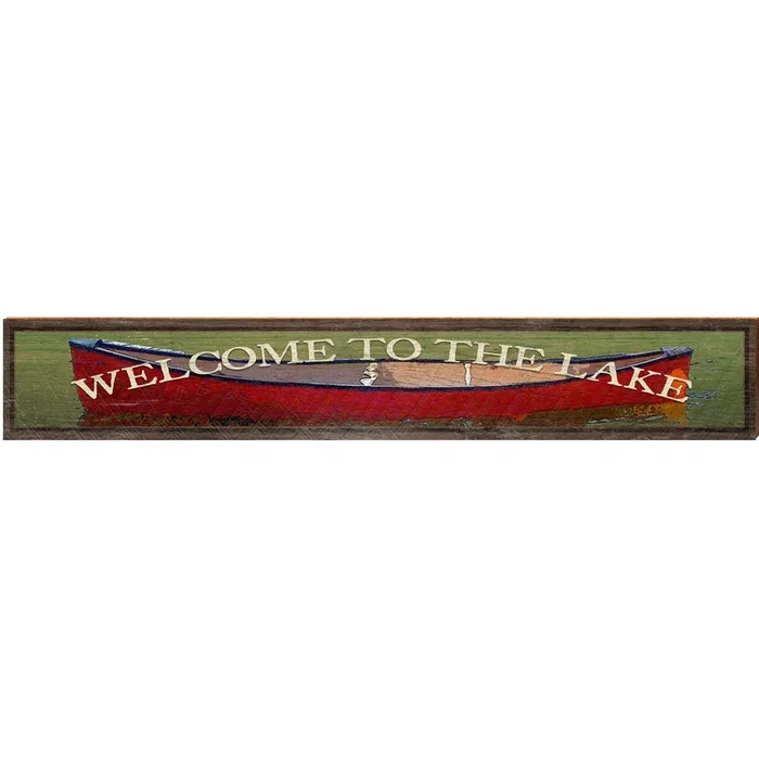 Welcome to the Lake Red Canoe | Wall Art Print on Real Wood