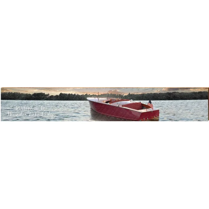 Welcome to Thunder Lake Lodge Vintage Boat Sunset | Wall Art Print on Real Wood