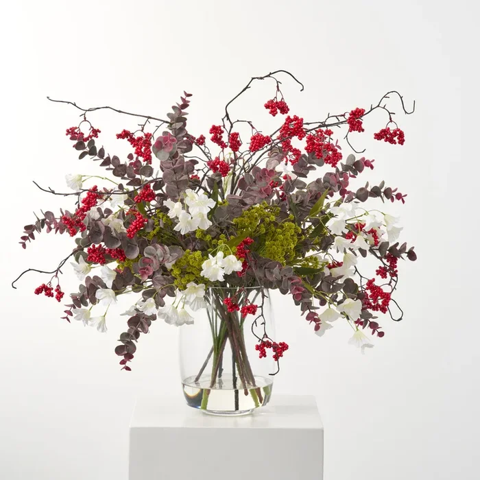 Whimsical Winter – White Bellflower, Green Gypsophillia, Wine Eucalyptus & Red Winter Berry Christmas Centerpiece Water Illusion Arrangement