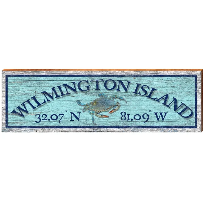 Wilmington Island, Georgia Latitude Longitude Wooden Sign | Wall Art Print on Real Wood | Nautical Coastal Crab Decor