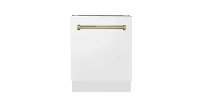 ZLINE KITCHEN AND BATH ZLINE Autograph Edition 24″ Tallac Series 3rd Rack Top Control Built-In Tall Tub Dishwasher in White Matte with Champagne Bronze Handle, 51dBa (DWVZ-WM-24-CB) DWVZWM24CB