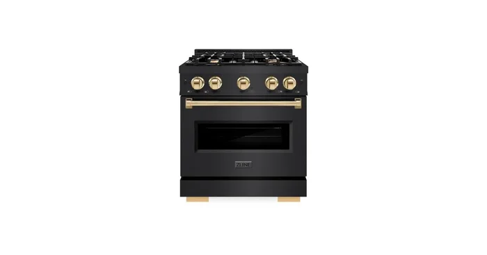 ZLINE KITCHEN AND BATH ZLINE Autograph Edition 30 in. 4.2 cu. ft. Classic Gas Range with 4 Burner Cooktop and Convection Gas Oven in Black Stainless Steel and Polished Gold Accents (CGRBZ-30-G) CGRBZ30G