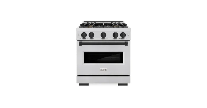 ZLINE KITCHEN AND BATH ZLINE Autograph Edition 30 in. 4.2 cu. ft. Classic Gas Range with 4 Burner Cooktop and Convection Gas Oven in Stainless Steel and Matte Black Accents (CGRZ-30-MB) CGRZ30MB