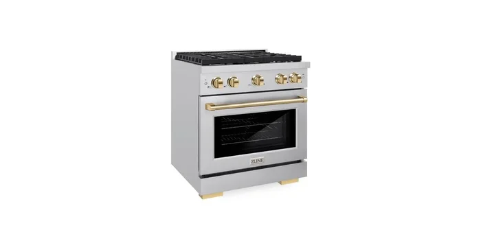 ZLINE KITCHEN AND BATH ZLINE Autograph Edition 30 in. 4.2 cu. ft. Paramount Gas Range with 4 Burner Cooktop and Convection Gas Oven in Stainless Steel and Polished Gold Accents (SGRZ-30-G) SGRZ30G