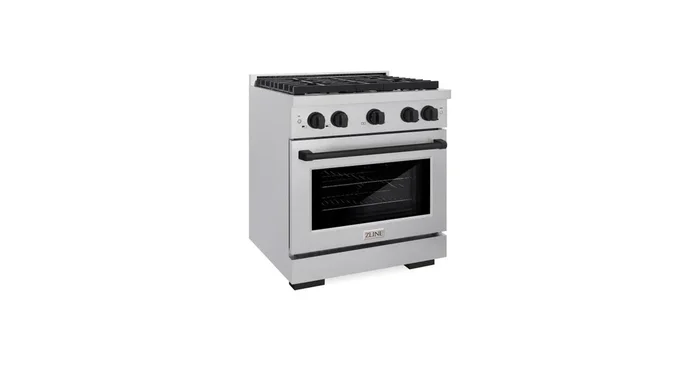ZLINE KITCHEN AND BATH ZLINE Autograph Edition 30 in. 4.2 cu. ft. Paramount Gas Range with 4 Burner Cooktop and Convection Gas Oven in Satin Stainless Steel and Matte Black Accents (SGRSZ-30-MB) SGRSZ30MB