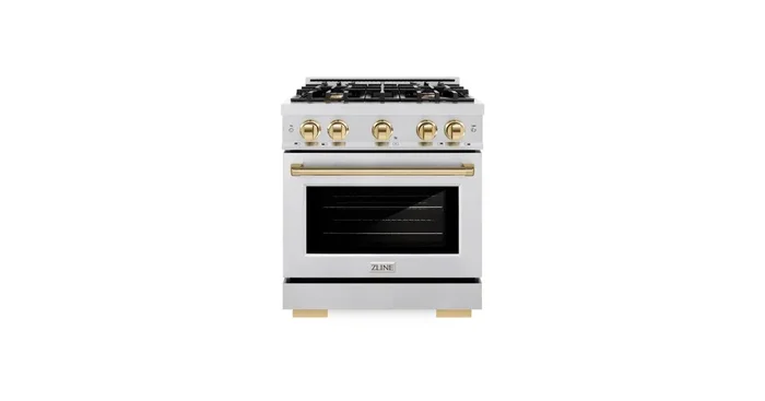 ZLINE KITCHEN AND BATH ZLINE Autograph Edition 30 in. 4.2 cu. ft. Select Gas Range with 4 Burner Cooktop and Convection Gas Oven in Satin Stainless Steel and Polished Gold Accents (HGRSZ-30-G) HGRSZ30G