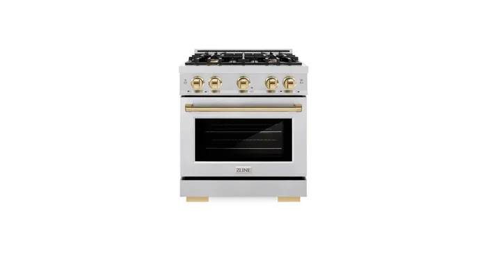 ZLINE KITCHEN AND BATH ZLINE Autograph Edition 30 in. 4.2 cu. ft. Select Gas Range with 4 Burner Cooktop and Convection Gas Oven in Stainless Steel and Polished Gold Accents (HGRZ-30-G) HGRZ30G