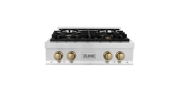 ZLINE KITCHEN AND BATH ZLINE Autograph Edition 30 in. Legacy Gas Rangetop with 4 Burners and Porcelain Cooktop in Satin Stainless Steel with Champagne Bronze Accents (RTSZ-30-CB) RTSZ30CB