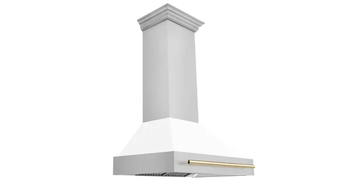 ZLINE KITCHEN AND BATH ZLINE Autograph Edition 36″ Stainless Steel Range Hood with White Matte Shell and Polished Gold Handle (8654STZ-WM36-G) 8654STZWM36G