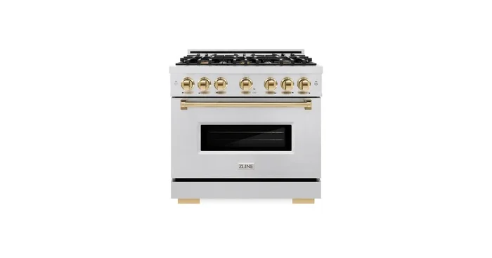 ZLINE KITCHEN AND BATH ZLINE Autograph Edition 36 in. 5.2 cu. ft. Classic Gas Range with 6 Burner Cooktop and Convection Gas Oven in Satin Stainless Steel and Polished Gold Accents (CGRSZ-36-G) CGRSZ36G