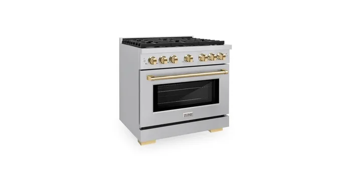 ZLINE KITCHEN AND BATH ZLINE Autograph Edition 36 in. 5.2 cu. ft. Paramount Gas Range with 6 Burner Cooktop and Convection Gas Oven in Stainless Steel and Polished Gold Accents (SGRZ-36-G) SGRZ36G