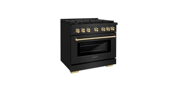 ZLINE KITCHEN AND BATH ZLINE Autograph Edition 36 in. 5.2 cu. ft. Paramount Gas Range with 6 Burner Cooktop and Convection Gas Oven in Black Stainless Steel and Polished Gold Accents (SGRBZ-36-G) SGRBZ36G