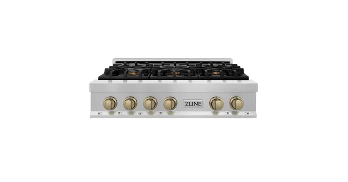 ZLINE KITCHEN AND BATH ZLINE Autograph Edition 36 in. Legacy Gas Rangetop with 6 Burners and Porcelain Cooktop in Satin Stainless Steel with Champagne Bronze Accents (RTSZ-36-CB) RTSZ36CB