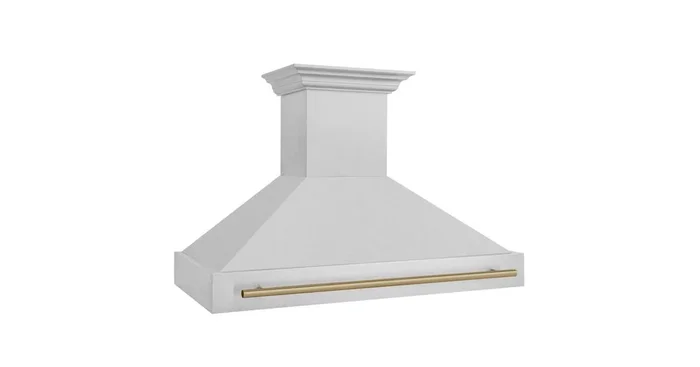 ZLINE KITCHEN AND BATH ZLINE Autograph Edition 48″ Fingerprint Resistant Stainless Steel Range Hood with Champagne Bronze Handle (8654SNZ-48-CB) 8654SNZ48CB