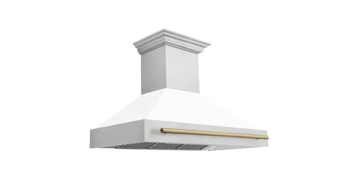 ZLINE KITCHEN AND BATH ZLINE Autograph Edition 48″ Fingerprint Resistant Stainless Steel Range Hood with White Matte Shell and Champagne Bronze Handle (8654SNZ-WM48-CB) 8654SNZWM48CB