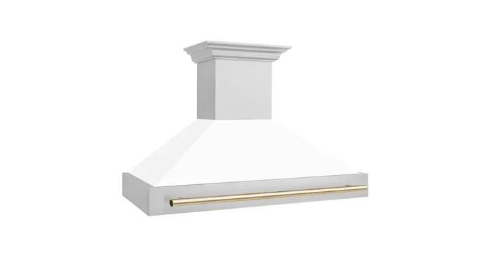 ZLINE KITCHEN AND BATH ZLINE Autograph Edition 48″ Stainless Steel Range Hood with White Matte Shell and Polished Gold Handle (8654STZ-WM48-G) 8654STZWM48G