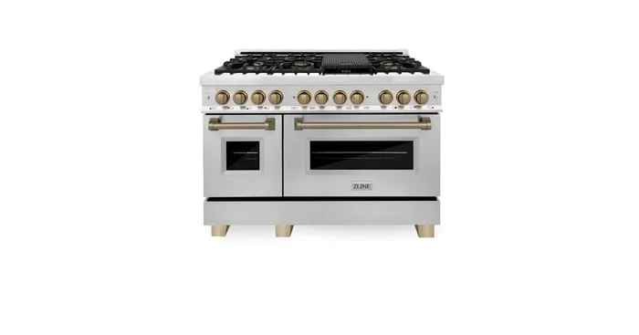 ZLINE KITCHEN AND BATH ZLINE Autograph Edition 48 in. 6.0 cu. ft. Legacy Dual Fuel Range with 7 Burner Gas Cooktop and 2 Electric Ovens in Stainless Steel and Champagne Bronze Accents (RAZ-48-CB) RAZ48CB