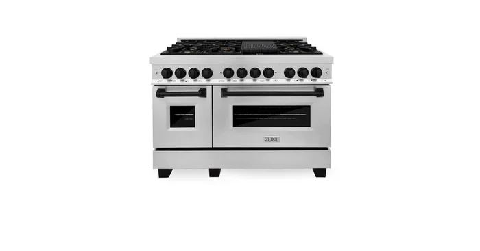 ZLINE KITCHEN AND BATH ZLINE Autograph Edition 48 in. 6.0 cu. ft. Legacy Dual Fuel Range with 7 Burner Gas Cooktop and 2 Electric Ovens in Stainless Steel and Matte Black Accents (RAZ-48-MB) RAZ48MB