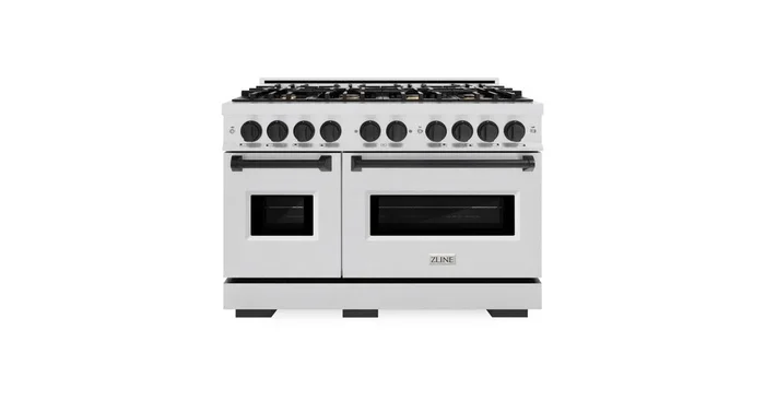 ZLINE KITCHEN AND BATH ZLINE Autograph Edition 48 in. 6.7 cu. ft. Classic Double Oven Dual Fuel Range with 8 Burner Gas Cooktop in Satin Stainless Steel and Matte Black Accents (CDRSZ-48-MB) CDRSZ48MB