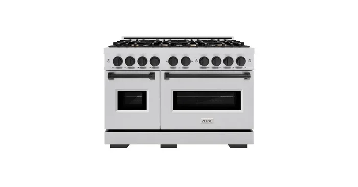 ZLINE KITCHEN AND BATH ZLINE Autograph Edition 48 in. 6.7 cu. ft. Classic Double Oven Gas Range with 8 Burner Cooktop in Stainless Steel and Matte Black Accents (CGRZ-48-MB) CGRZ48MB