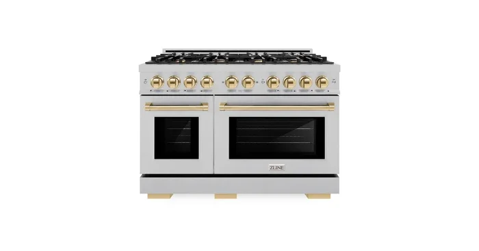 ZLINE KITCHEN AND BATH ZLINE Autograph Edition 48 in. 6.7 cu. ft. Select Double Oven Dual Fuel Range with 8 Burner Gas Cooktop in Satin Stainless Steel and Polished Gold Accents (HDRSZ-48-G) HDRSZ48G