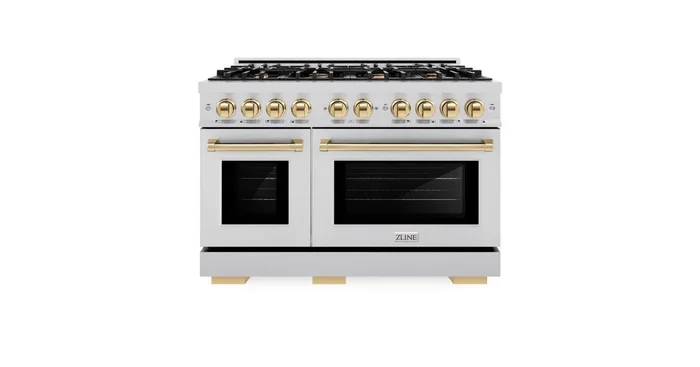 ZLINE KITCHEN AND BATH ZLINE Autograph Edition 48 in. 6.7 cu. ft. Select Double Oven Gas Range with 8 Burner Cooktop in Stainless Steel and Polished Gold Accents (HGRZ-48-G) HGRZ48G